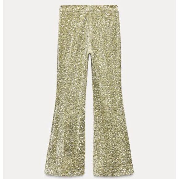 Zara Women's Flared Sequin Pants Mint High Waist-Sequin Hidden Zip Side Size M - Picture 5 of 11